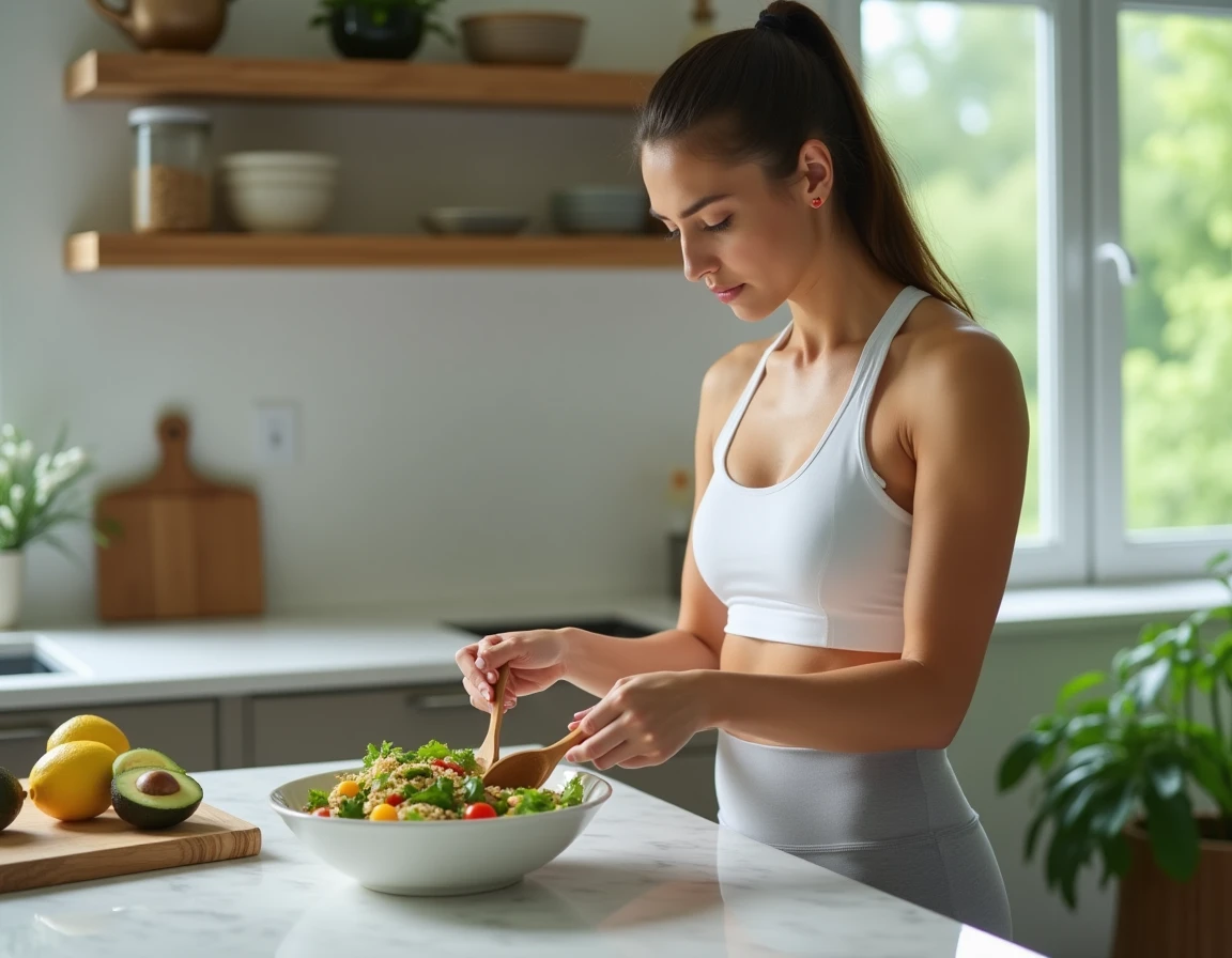 Femme préparant un repas sain et équilibré dans une cuisine moderne pour perdre du poids en deux semaines