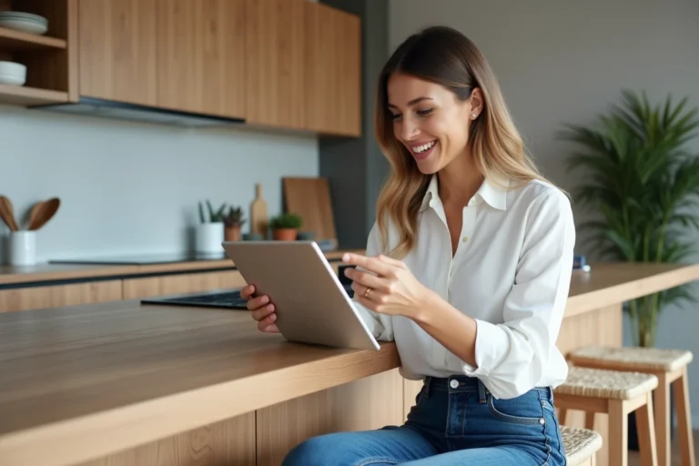 Femme souriante vérifiant plans de maison connectée