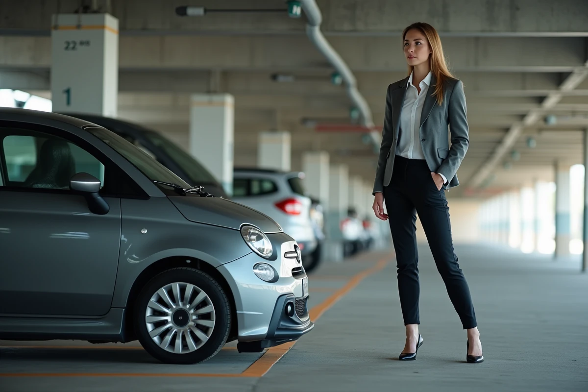 Jeune femme vérifiant ses roues dans un parking intérieur