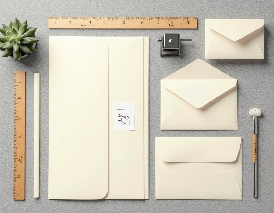 Vue aérienne d'enveloppes de différents formats avec règle et balance postale sur fond de lin gris
