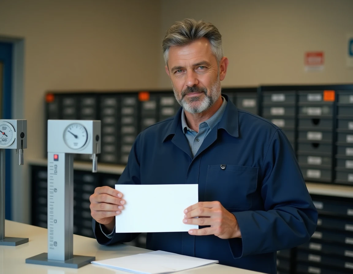 Facteur mesurant une enveloppe avec un gabarit postal au comptoir d'un bureau de poste