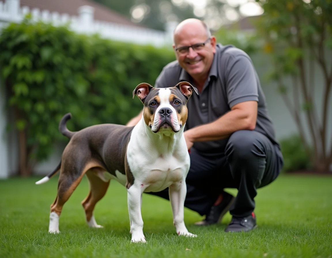 Homme accroupi avec un American Bully Pocket adulte tricolore dans un jardin de maison individuelle