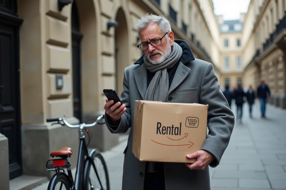 Homme tenant une boîte de location dans une rue urbaine