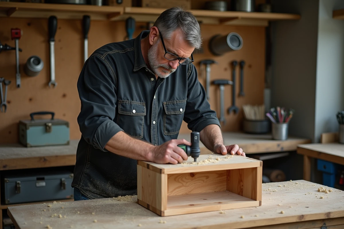 Homme bricoleur assemblant une étagère en bois dans un atelier garage bien organisé avec des outils accrochés au mur