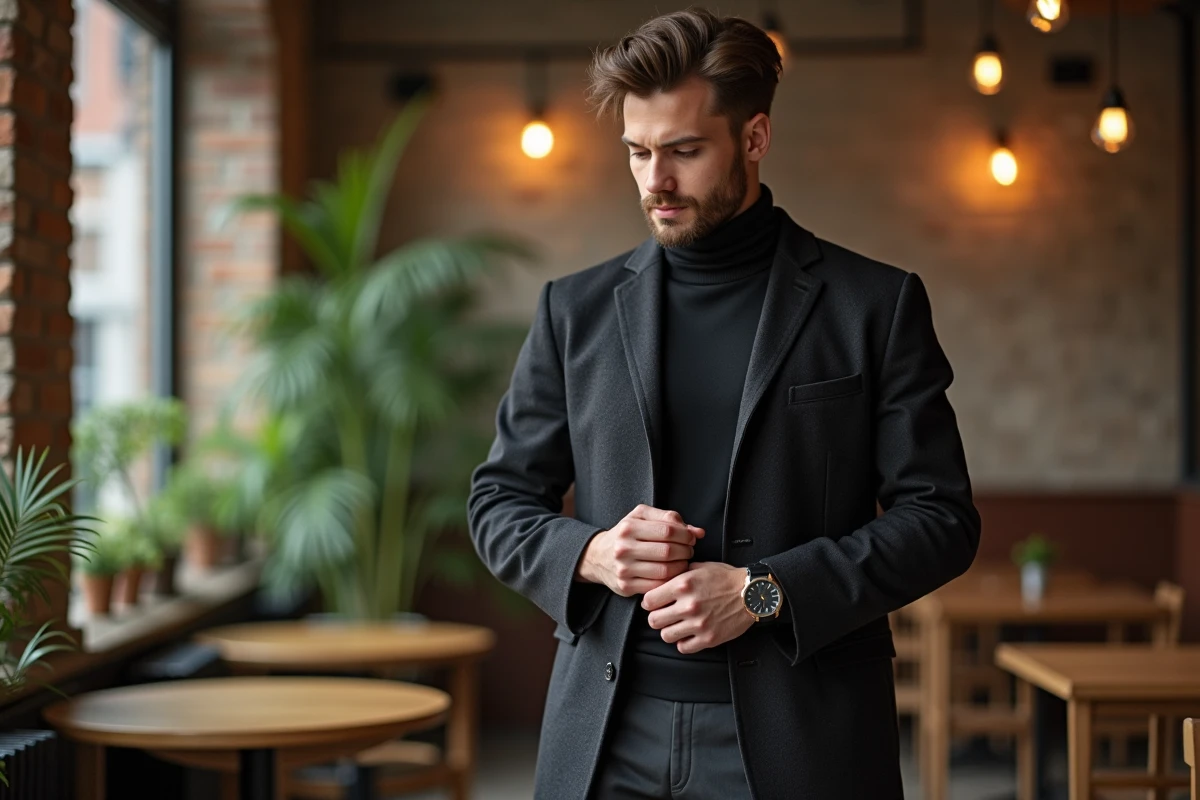 Homme en pull et manteau ajustant sa montre au cafe