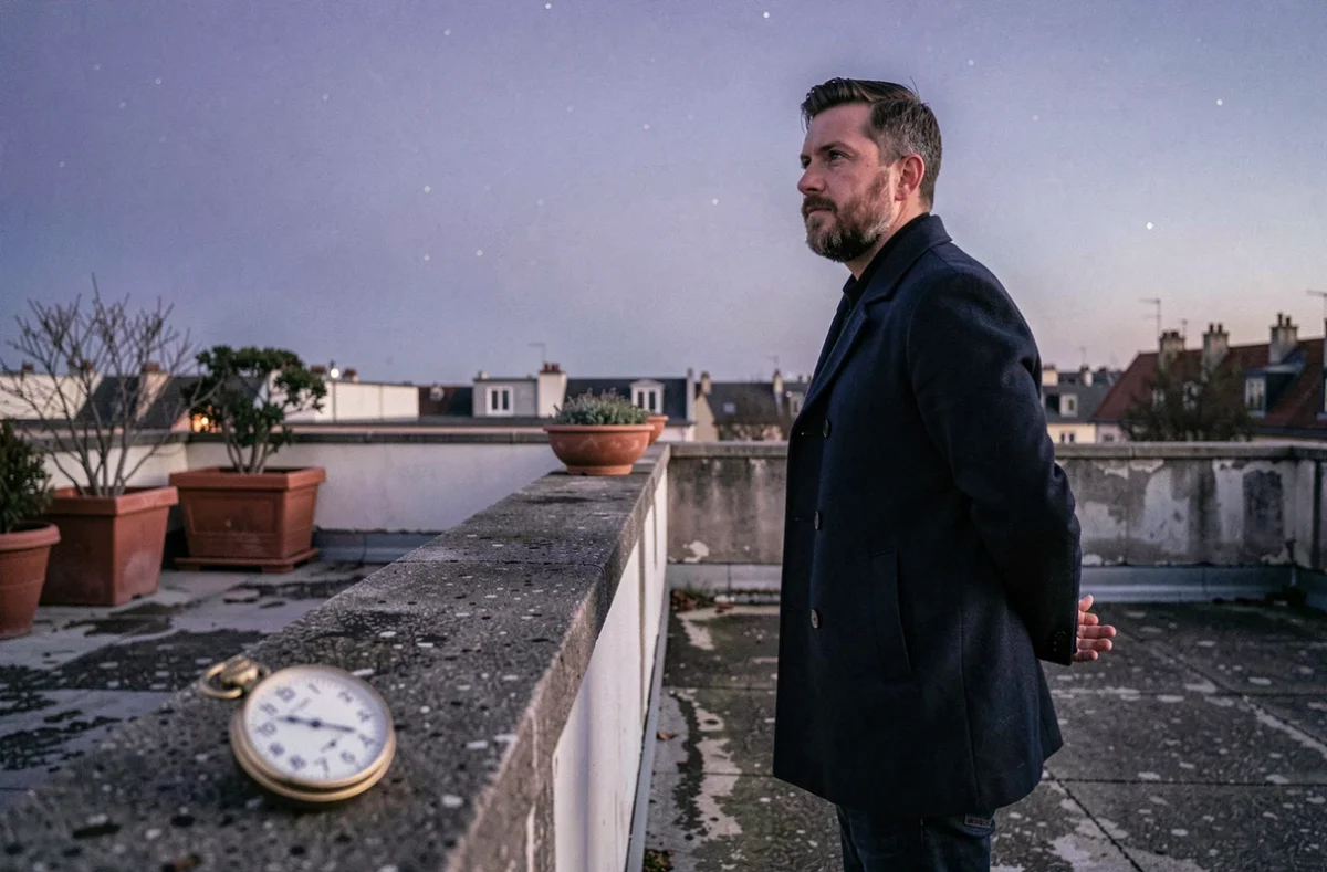 Homme contemplatif sur un toit urbain au crépuscule avec une montre de poche affichant 19h09, symbolisme spirituel et numérologie