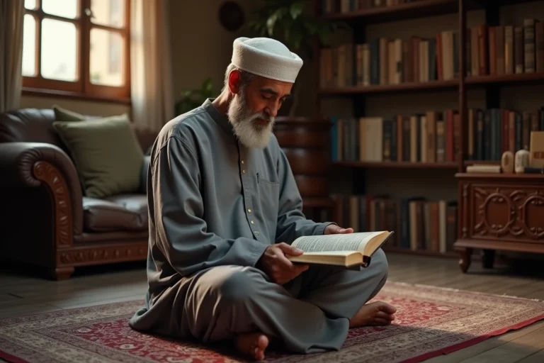 Homme musulman lisant le Quran dans un salon paisible