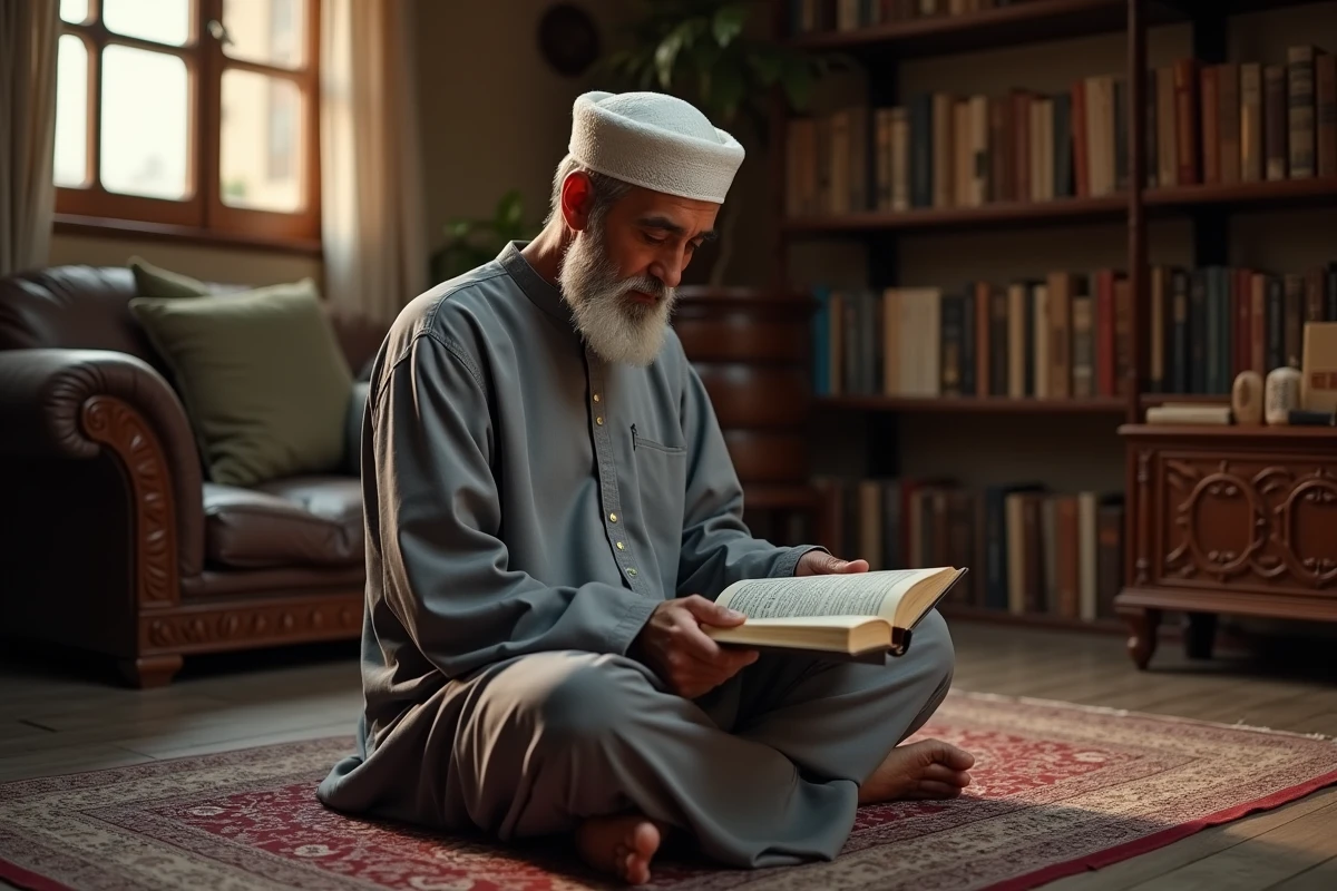 Homme musulman lisant le Quran dans un salon paisible