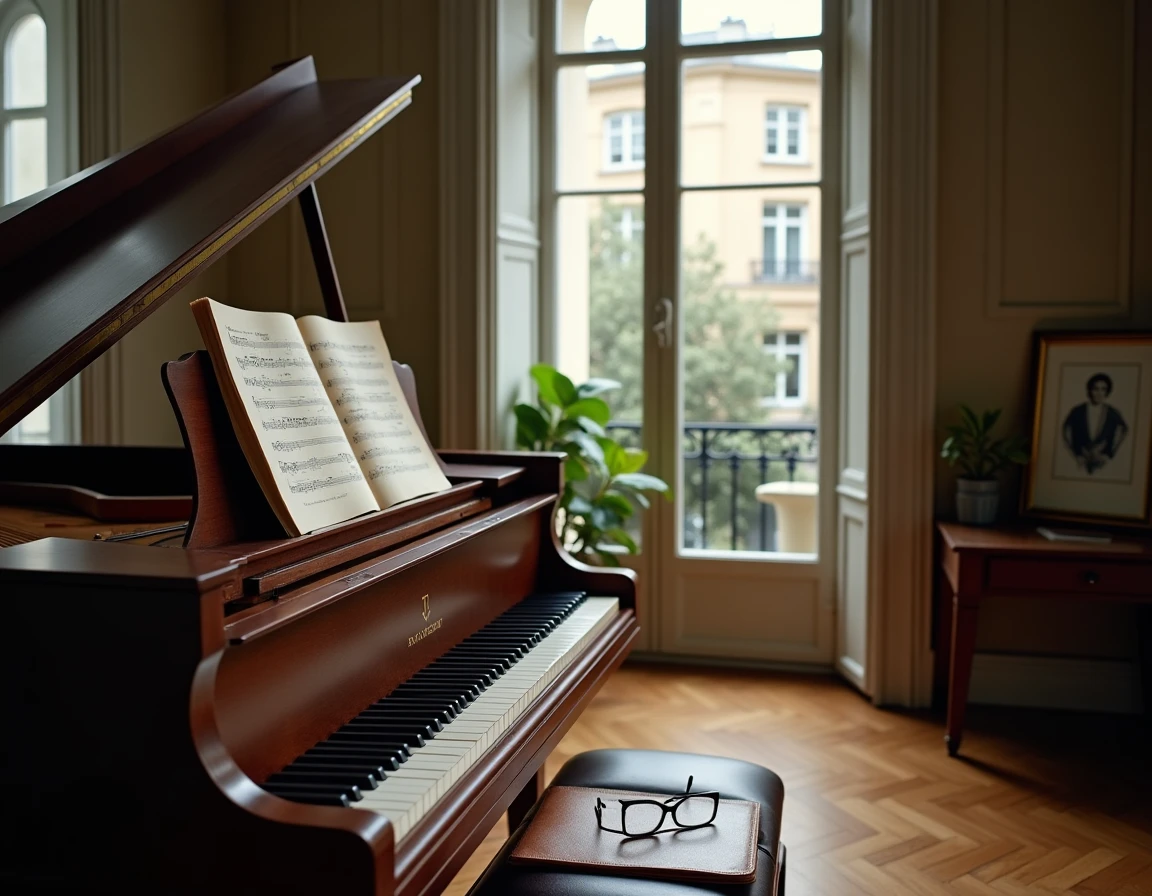Intérieur intimiste avec piano à queue et partitions musicales dans un appartement parisien, symbole de la vie privée et artistique d'un chanteur lyrique