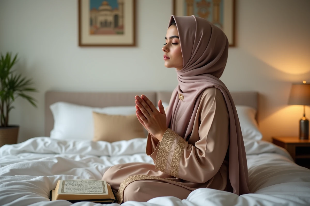 Jeune femme musulmane en hijab priant dans sa chambre
