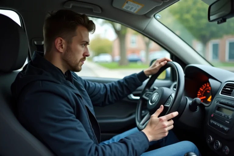 Jeune homme dans sa voiture avec alerte orange sur le tableau de bord
