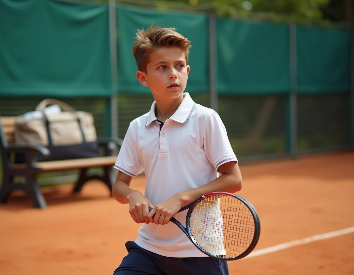 Jeune garçon concentré en position de jeu sur un court de tennis en terre battue pendant un stage sportif
