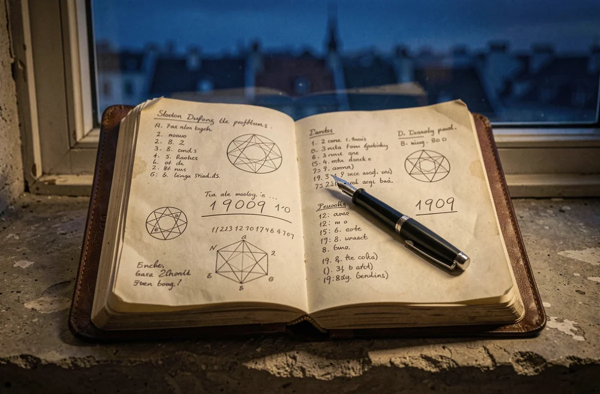 Journal de numérologie ouvert sur un rebord de fenêtre avec le chiffre 19h09 noté à la main au crépuscule