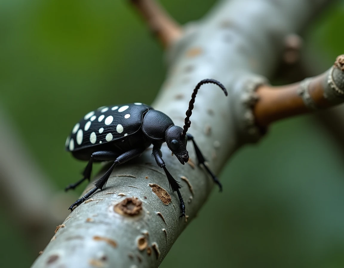 Longicorne tigre Anoplophora chinensis posé sur l'écorce d'un mûrier platane stressé montrant les signes d'infestation