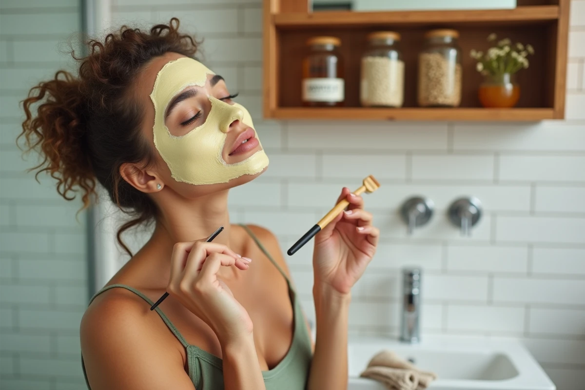 Femme appliquant un masque au miel sur le visage dans une salle de bain moderne, soin beauté naturel rituel douceur
