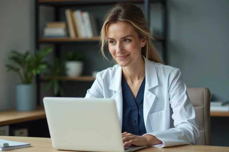 Médecin femme consultant son profil professionnel en ligne sur un ordinateur portable dans son cabinet médical