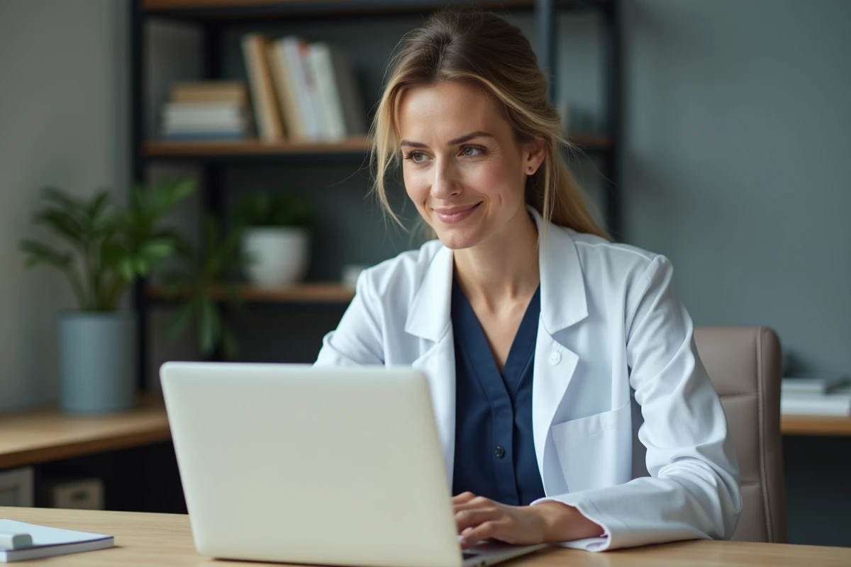 Médecin femme consultant son profil professionnel en ligne sur un ordinateur portable dans son cabinet médical