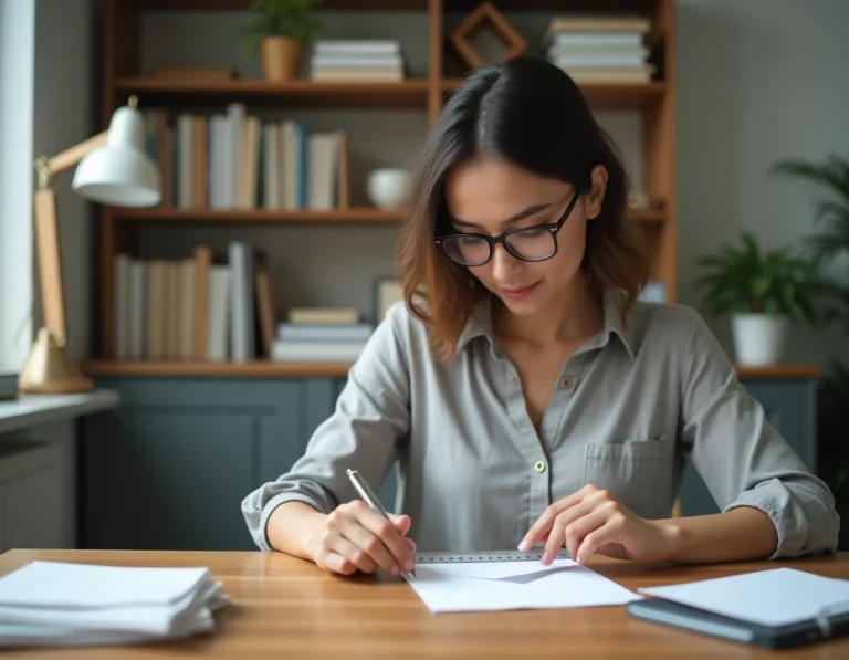 Femme mesurant une enveloppe avec une règle métallique sur un bureau en bois organisé