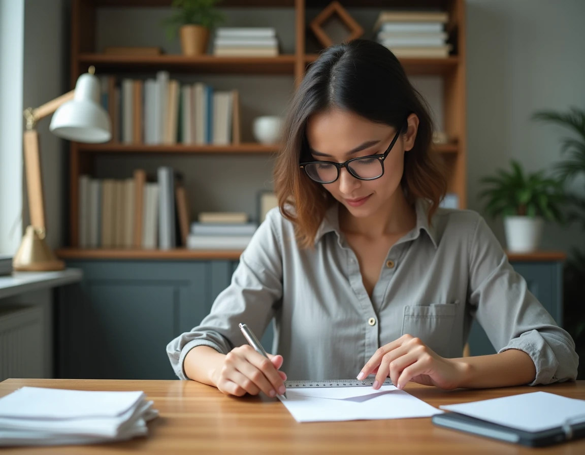 Femme mesurant une enveloppe avec une règle métallique sur un bureau en bois organisé