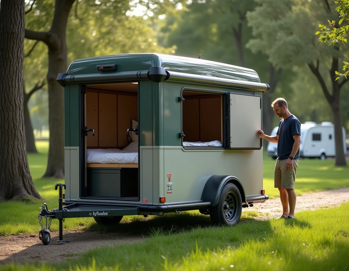 La remorque hybride MyTwalee dans un camping, montrant sa configuration double usage avec le module de couchage replié et la section remorque cargo