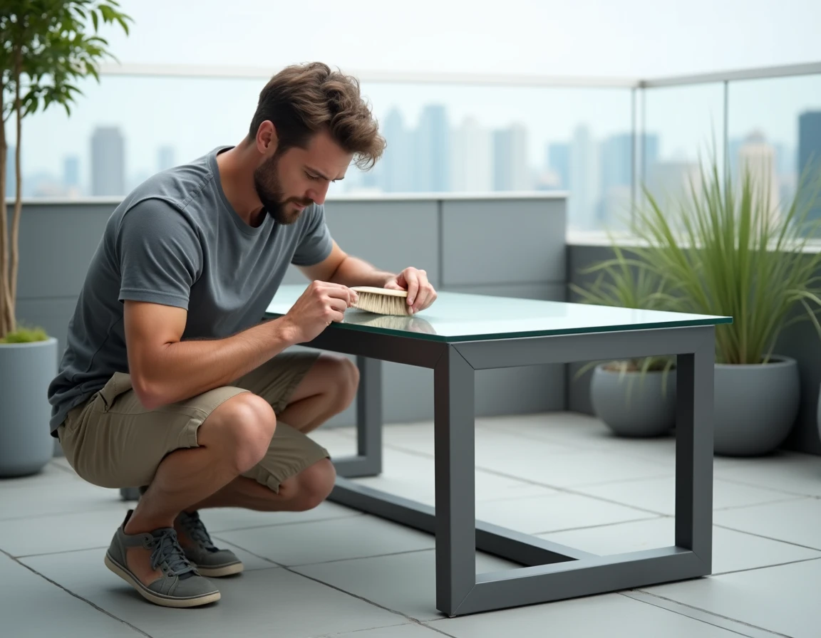 Homme inspectant et nettoyant les joints du cadre métallique d'une table de jardin en verre sur une terrasse urbaine moderne