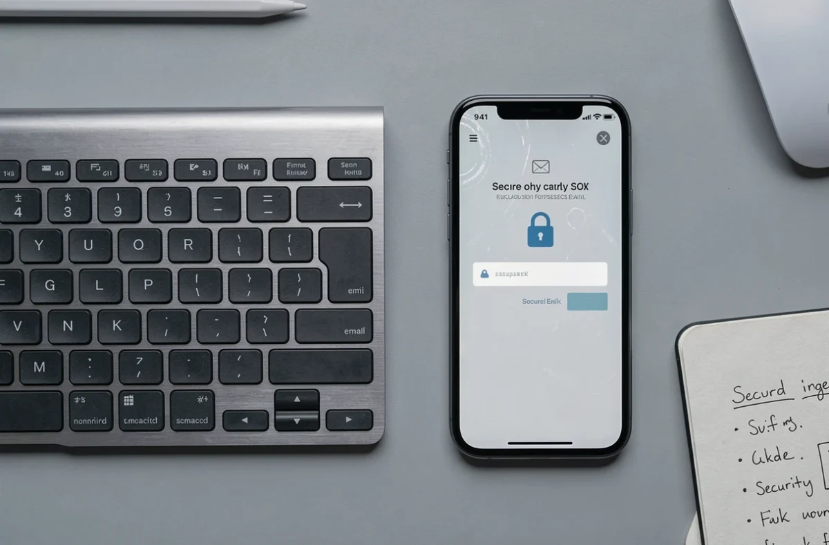 Vue aérienne d'un clavier, smartphone affichant une page de connexion sécurisée et notes de sécurité sur un bureau minimaliste
