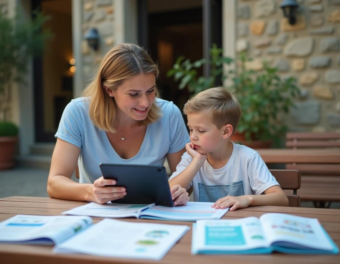 Parent et enfant consultant des brochures de stages sportifs d'été ensemble sur une terrasse de centre sportif