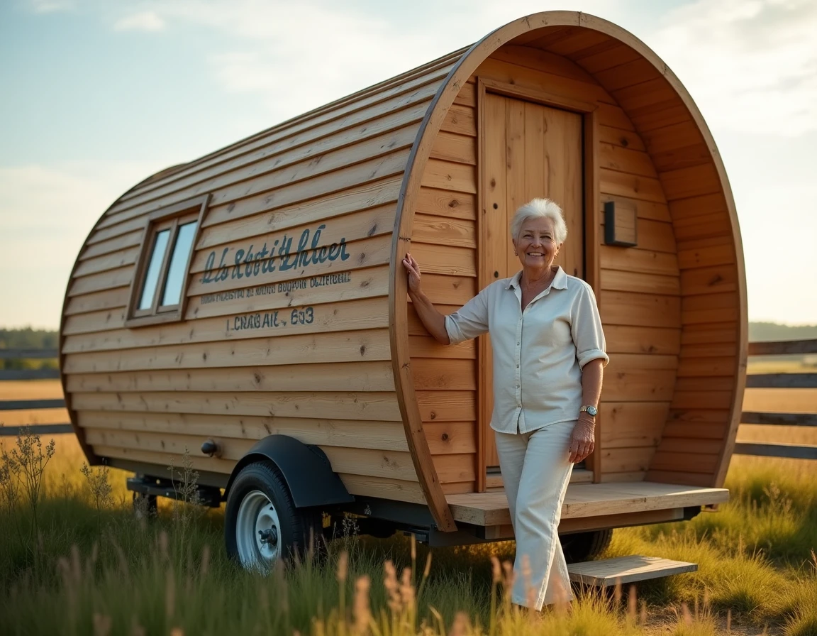 La Petite Bouriquette, caravane artisanale en bois, garée dans un pré fleuri, avec ses planches de bois travaillées à la main et ses détails artisanaux visibles