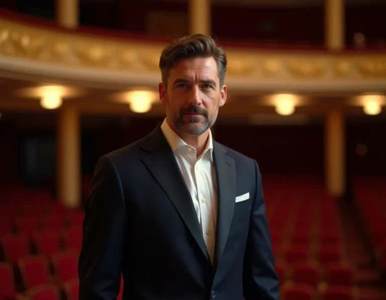 Portrait élégant d'un contre-ténor en costume dans une salle de concert dorée, illustrant la vie artistique et personnelle de Philippe Jaroussky