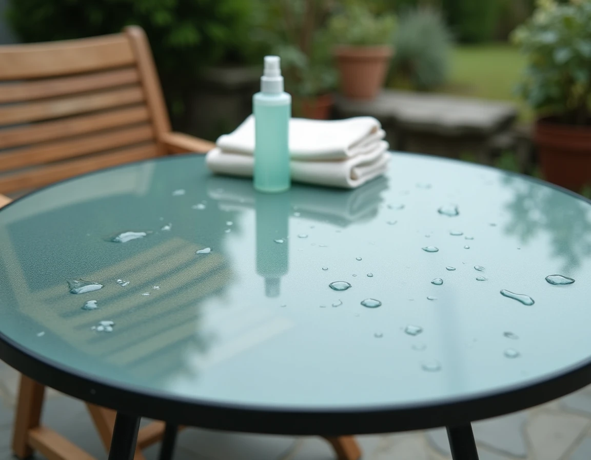 Gros plan sur une surface de table de jardin en verre montrant l'effet hydrofuge d'un traitement protecteur comparé à une zone non traitée