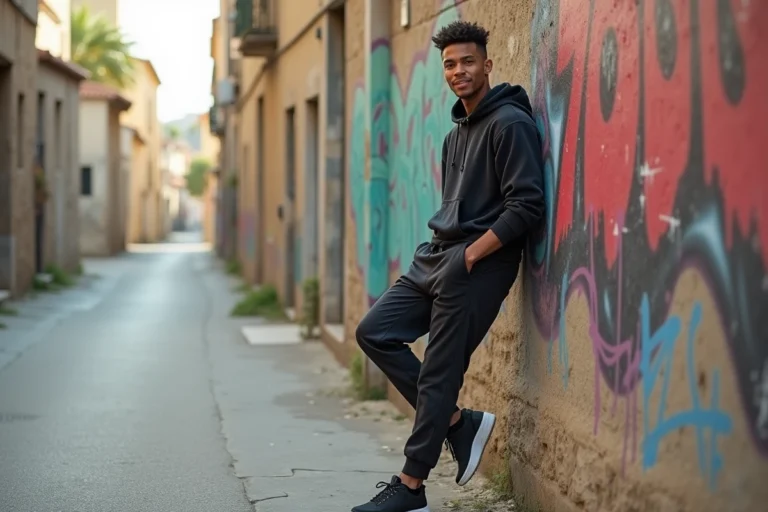 Jeune rappeur urbain dans une rue de ville ensoleillee