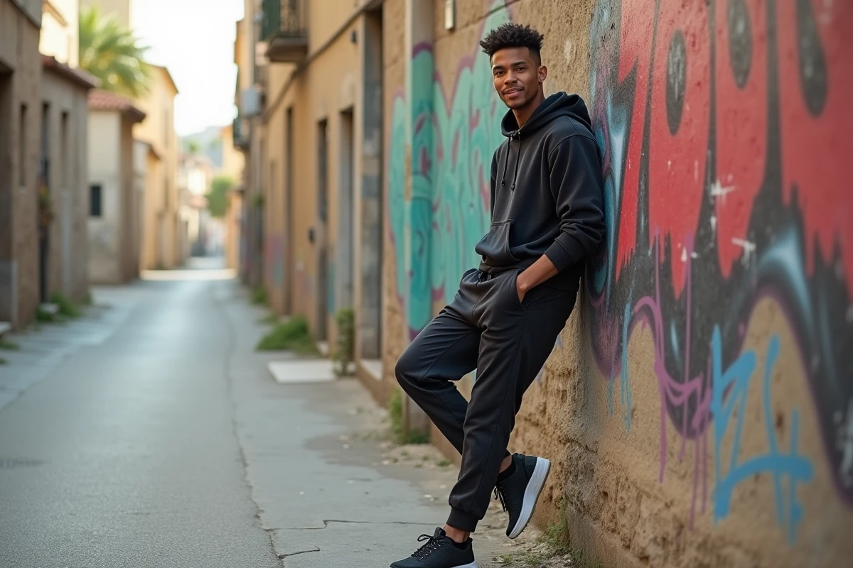 Jeune rappeur urbain dans une rue de ville ensoleillee