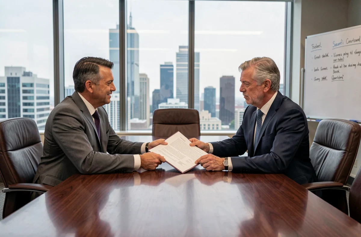 Deux dirigeants d'entreprise signent un contrat juridique en salle de réunion, symbolisant les obligations légales d'une société
