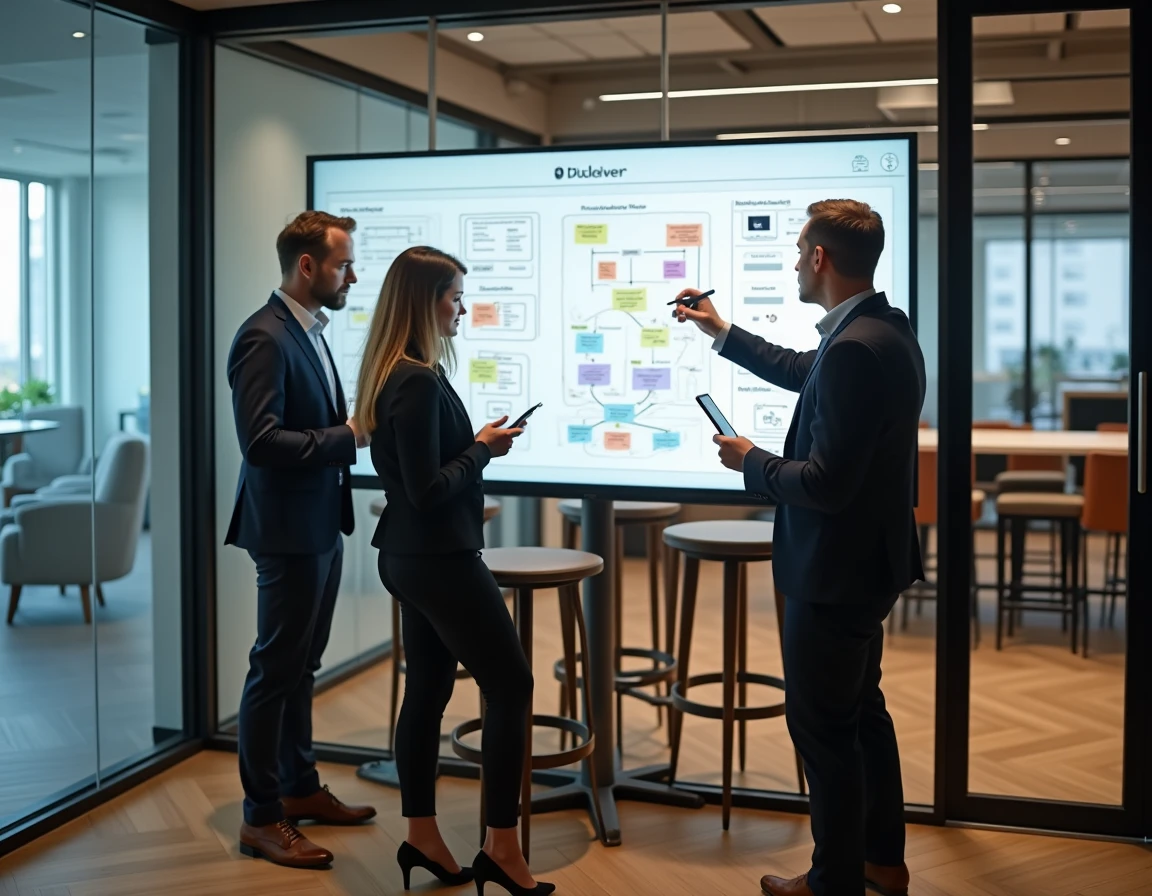 Trois collègues en réunion informelle dans une salle de travail en groupe utilisant un tableau blanc numérique collaboratif et des appareils mobiles
