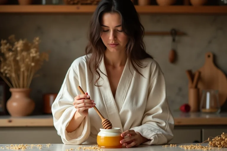 Femme versant du miel doré dans un bocal en céramique dans une cuisine rustique chaleureuse, rituel beauté au miel