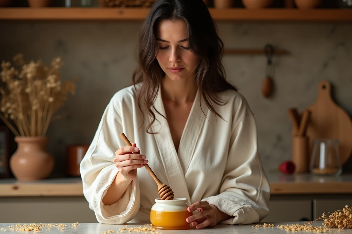 Femme versant du miel doré dans un bocal en céramique dans une cuisine rustique chaleureuse, rituel beauté au miel