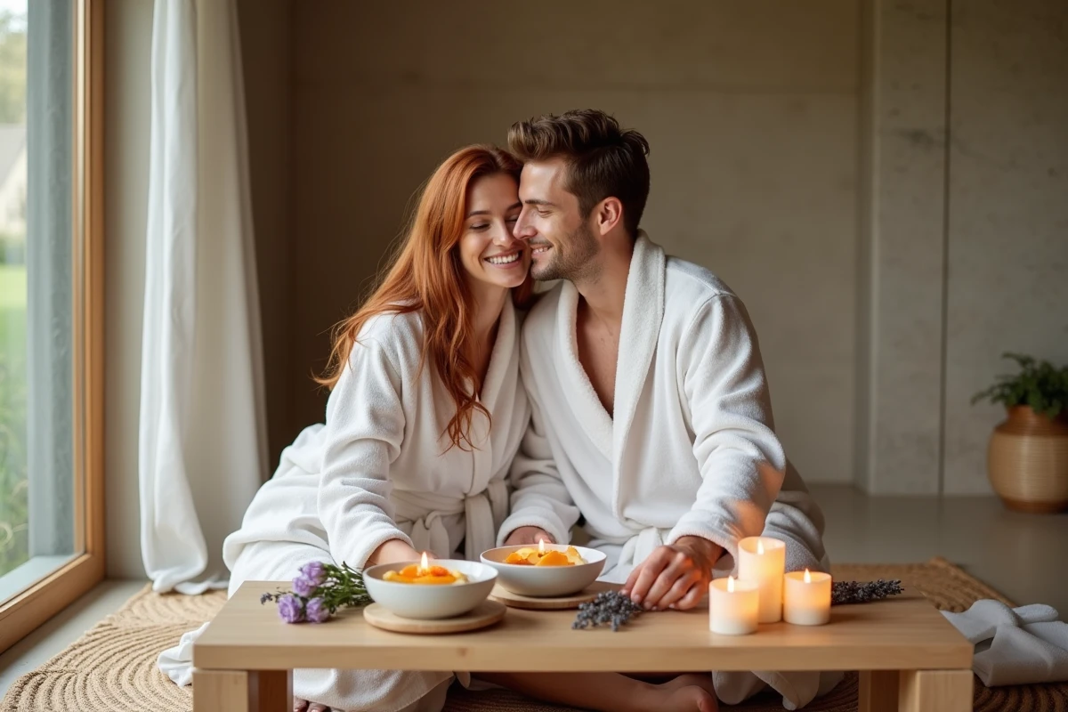 Couple partageant un rituel romantique au miel et aux fleurs sur une table en bois dans un espace spa naturel
