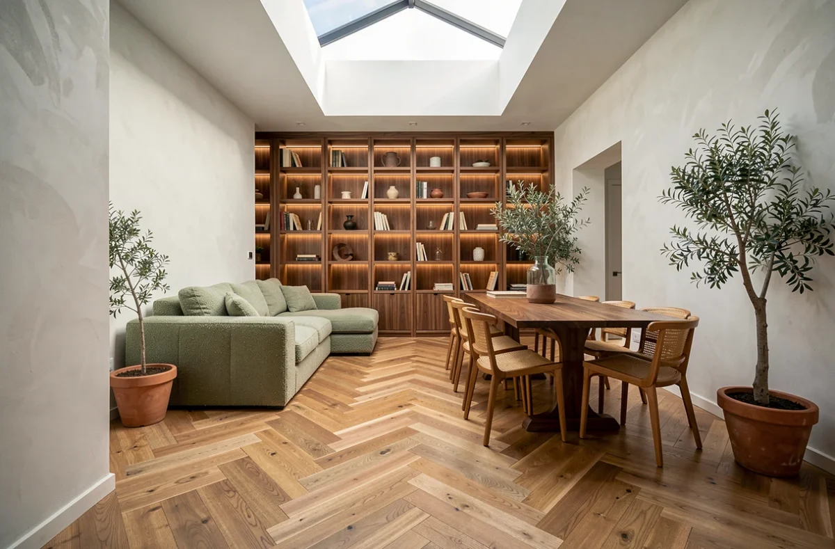 Salon et salle à manger contemporains aménagés sur mesure avec bibliothèque en noyer, canapé bouclé vert sauge et parquet en chevrons