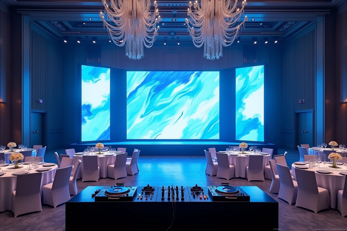 Scène de gala privé avec installation DJ professionnelle et décoration haut de gamme