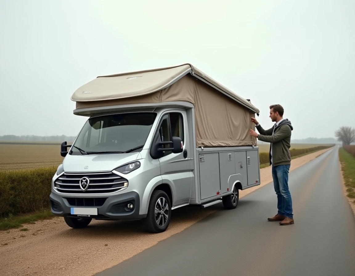 Caravane pliante Siesta S Cross à moitié déployée au bord d'une route de campagne, montrant ses panneaux de toit articulés et son profil bas compact