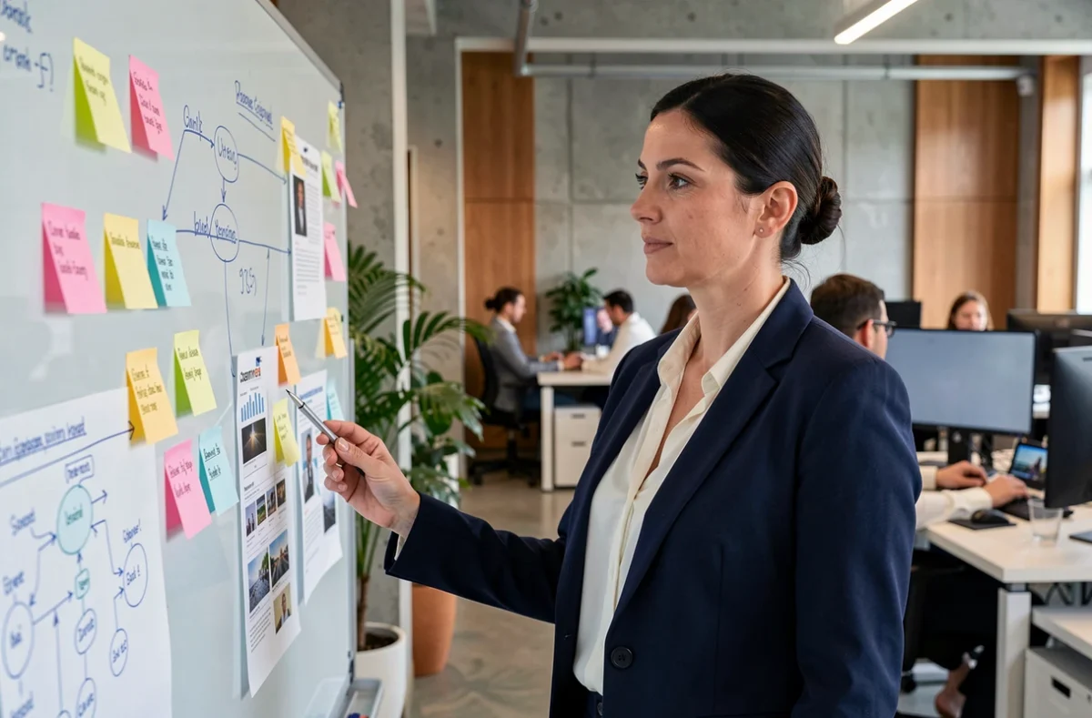 Stratège marketing féminine analysant un tableau de planification média avec des notes colorées dans un bureau moderne