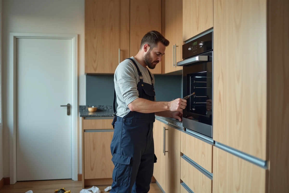 Technicien installant un four encastré dans la cuisine