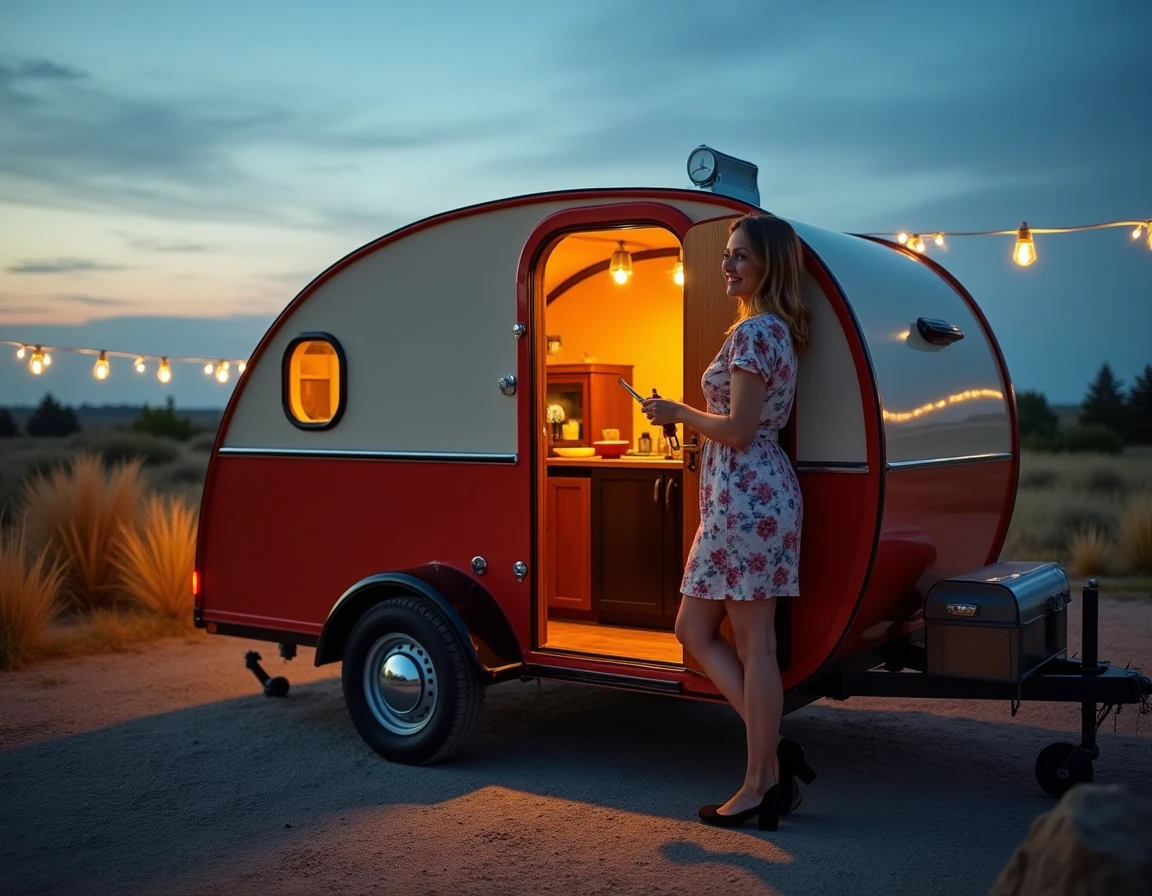 La caravane goutte d'eau rétro TipTop Teardrop avec sa trappe arrière ouverte révélant la cuisine extérieure compacte, une femme préparant un repas au coucher du soleil